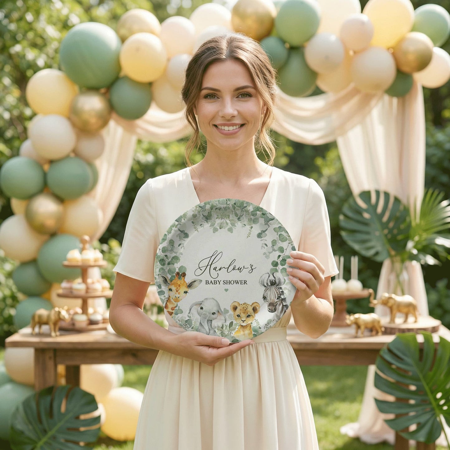 Personalized Safari Baby Shower Plates, Jungle Animals and Eucalyptus Greenery
