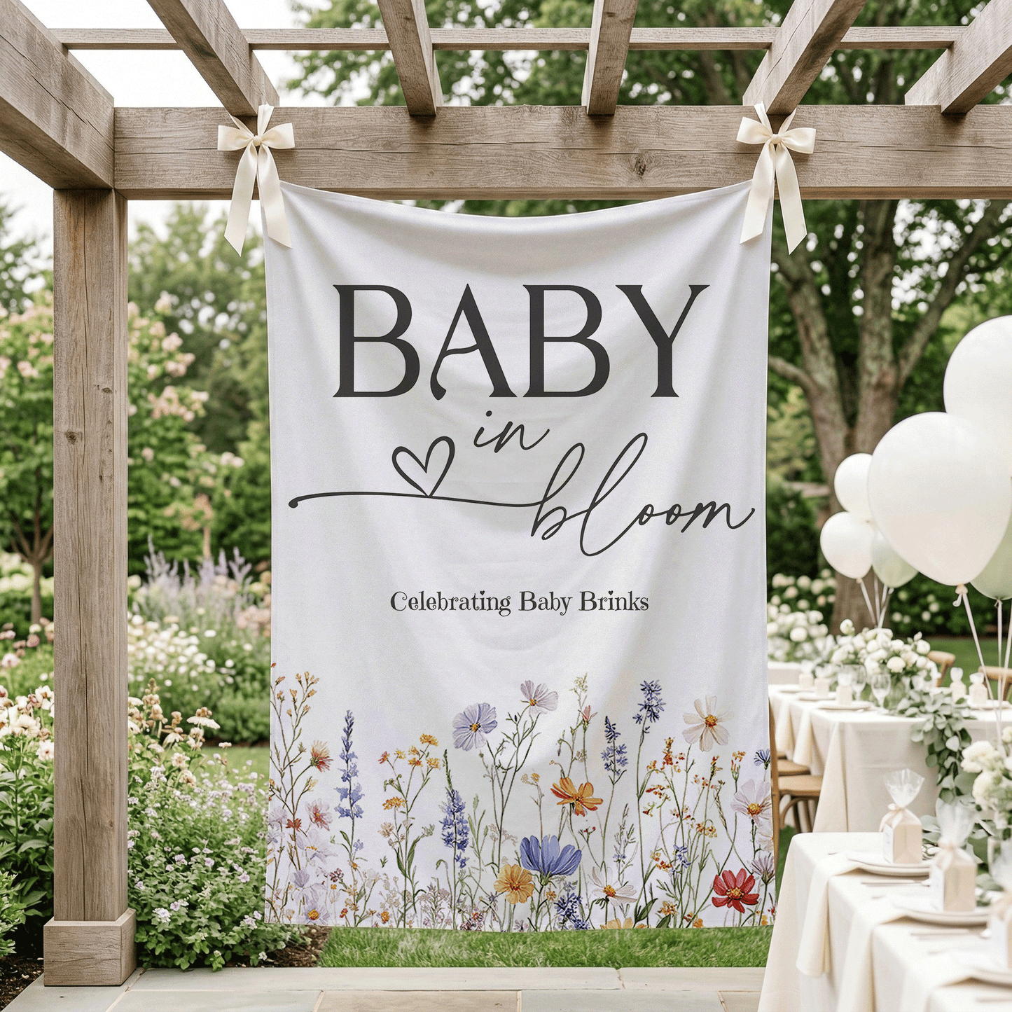 Personalized Baby in Bloom Backdrop, Wildflower Baby Shower Banner