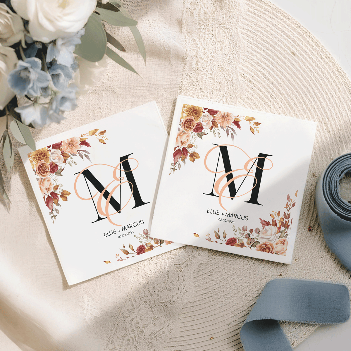 Autumn Floral Monogram Personalized Wedding Napkins
