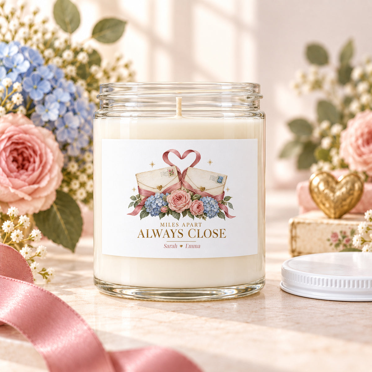 Personalized Long Distance Friendship Soy Candle with Two Names, Miles Apart Always Close, 9 oz Glass Jar