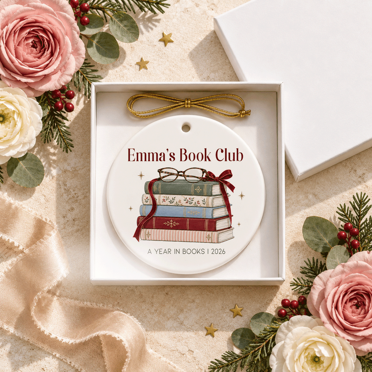 Book Lover Ornament, Personalized Books and Burgundy Bow