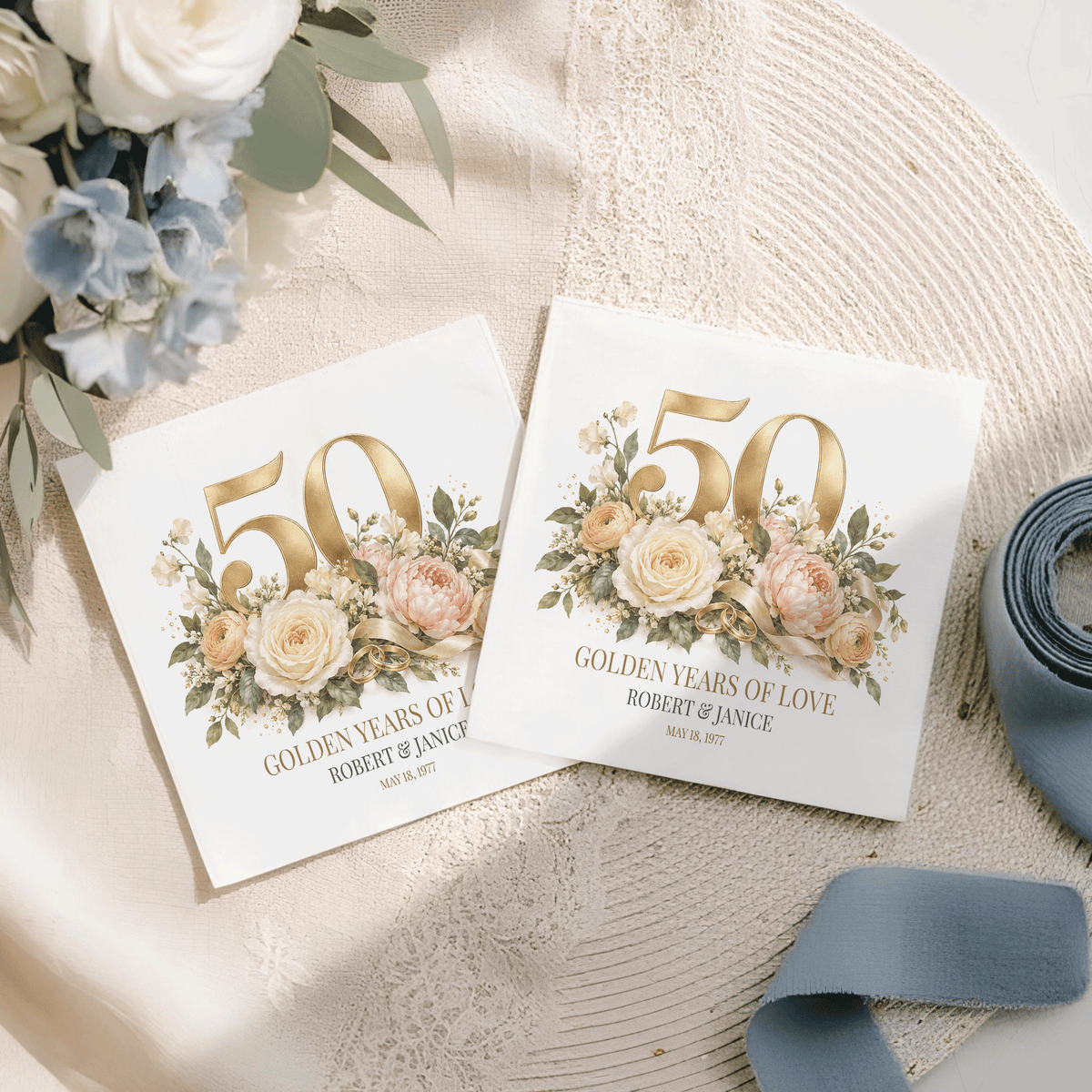50th Anniversary Napkins, Personalized Golden Years of Love
