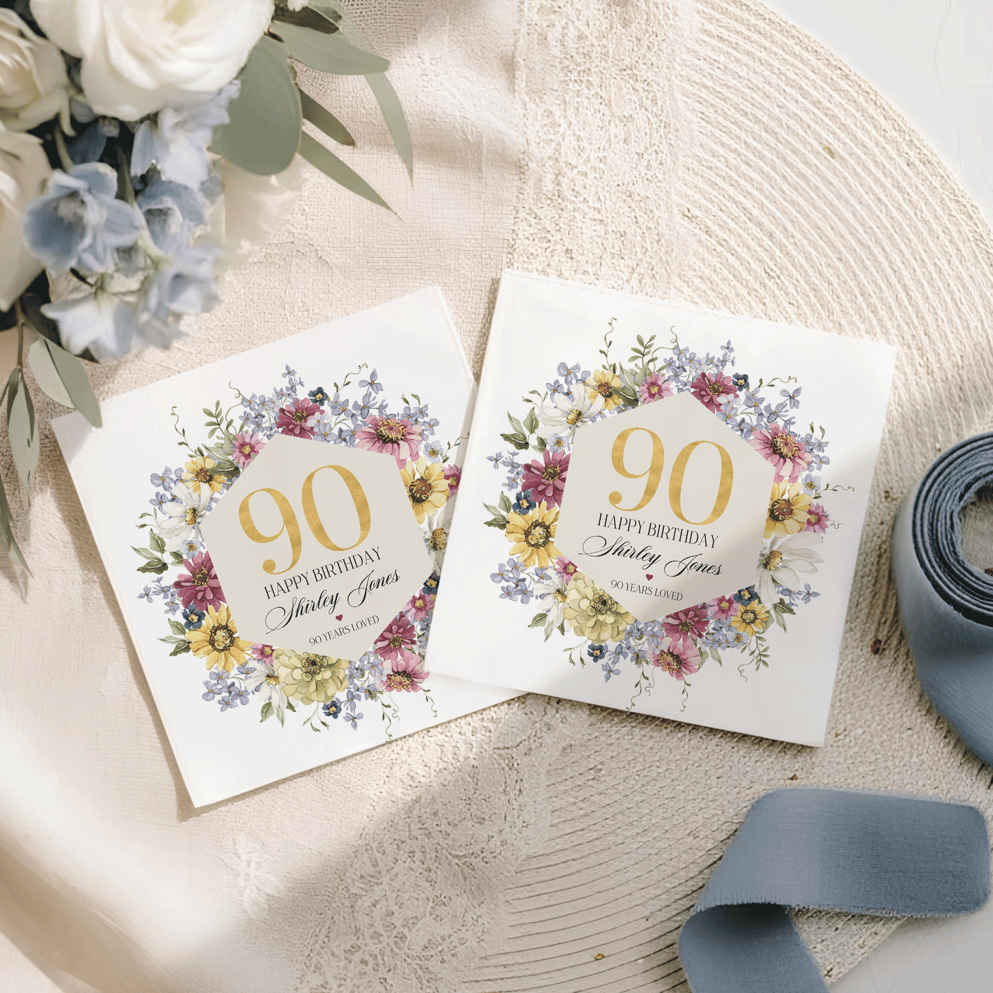 90th Birthday Napkins, Personalized Wildflower Floral - Pretty Gifted