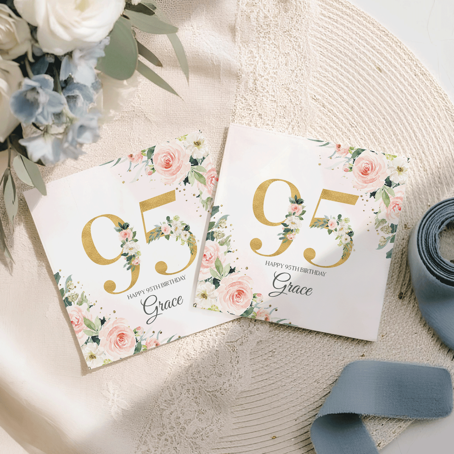 95th Birthday Napkins, Personalized Blush and Gold Floral - Pretty Gifted