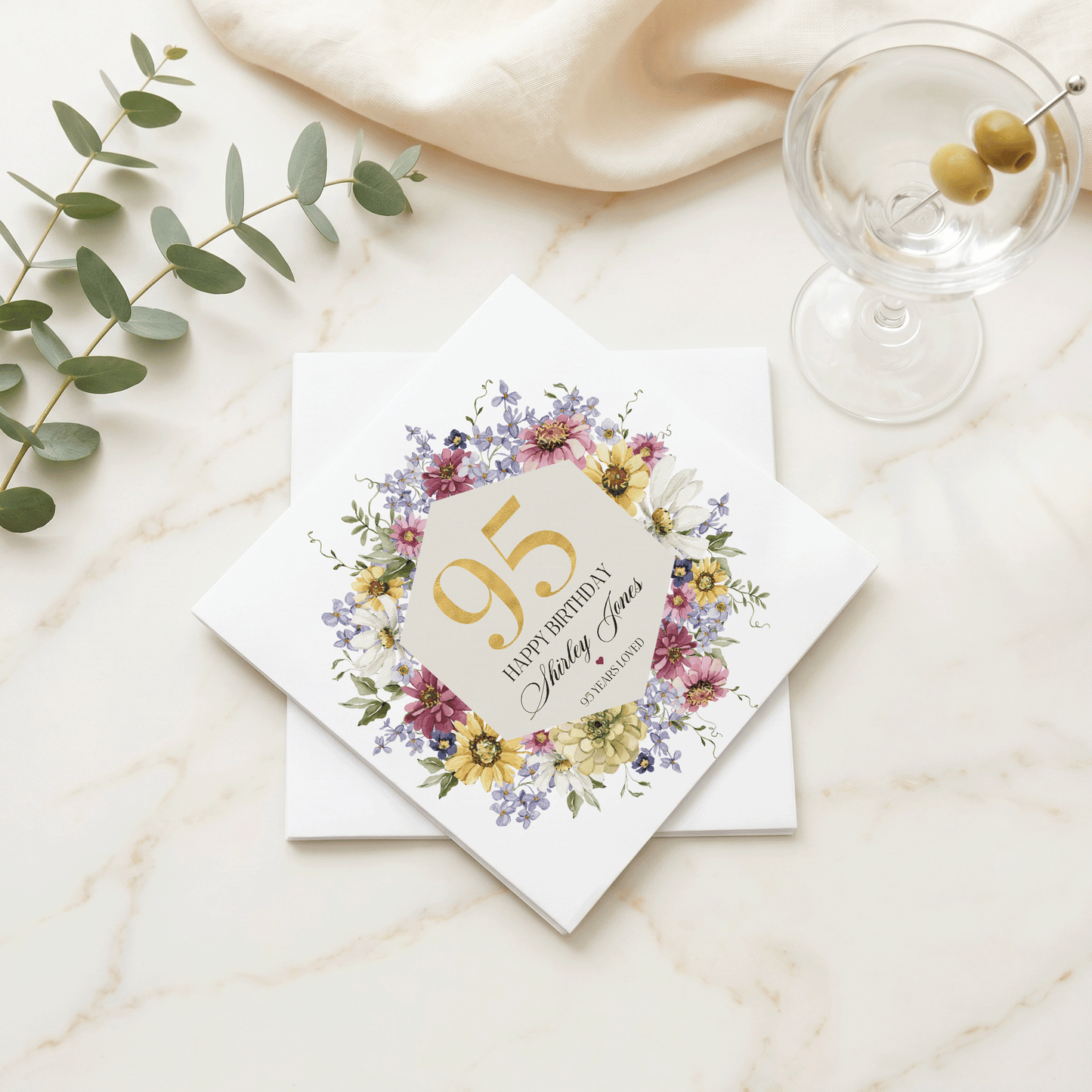 95th Birthday Napkins, Wildflower Hexagon Gold, Personalized - Pretty Gifted