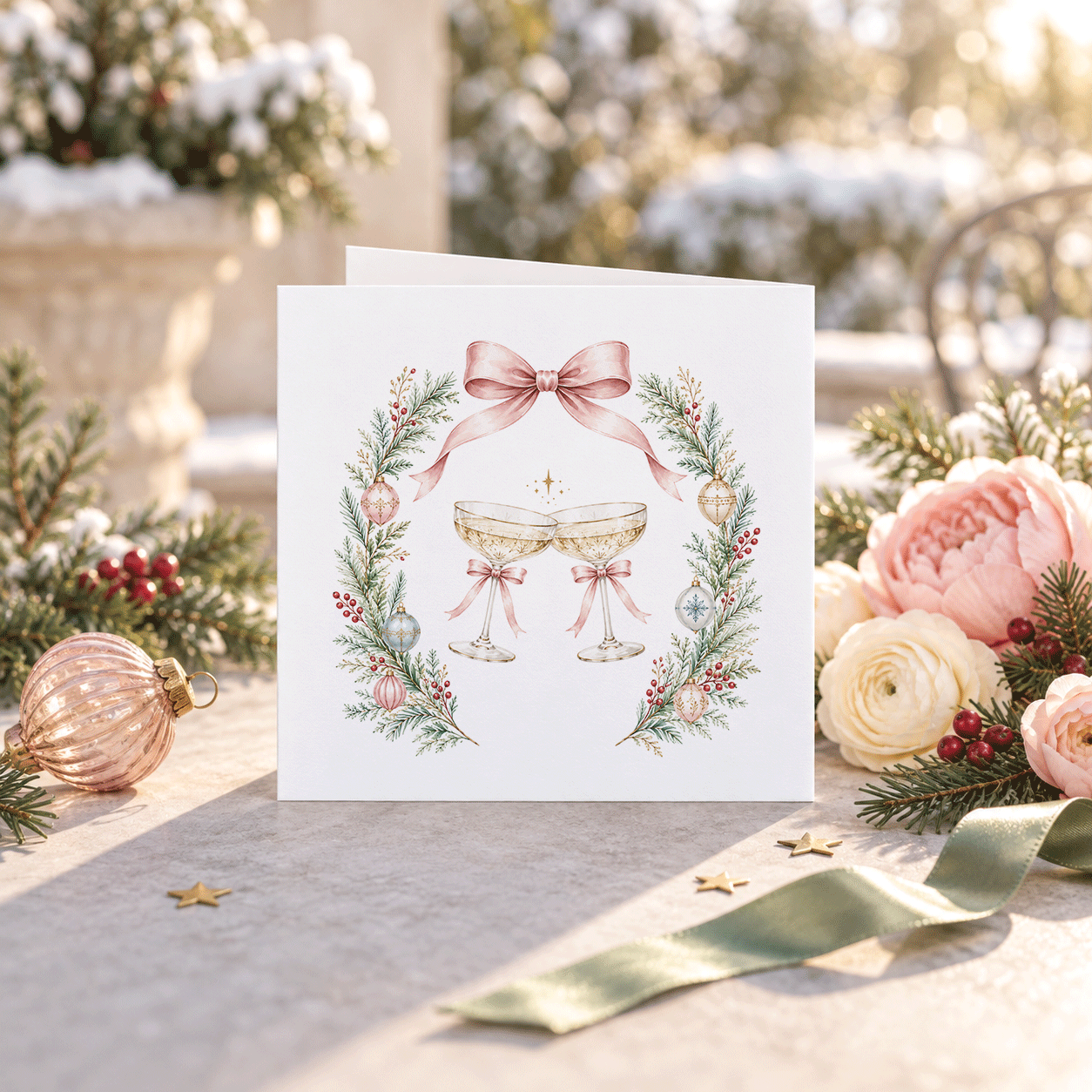 Personalized Best Friend Christmas Card · Pink Bows & Champagne
