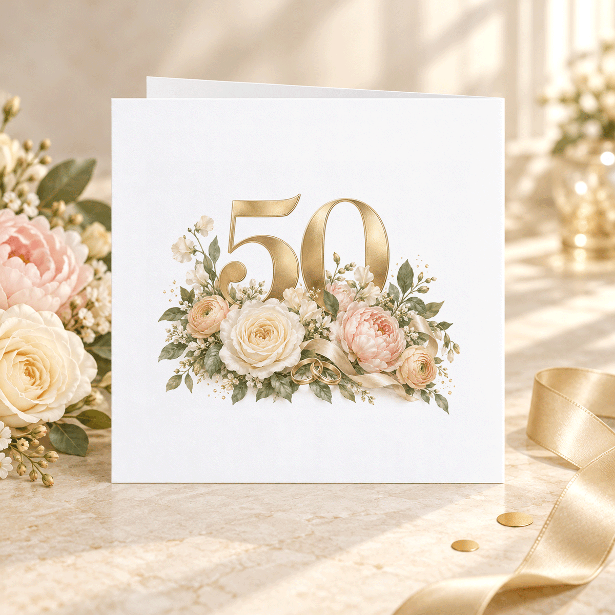50th Anniversary Card, Personalized Blush and Gold Florals