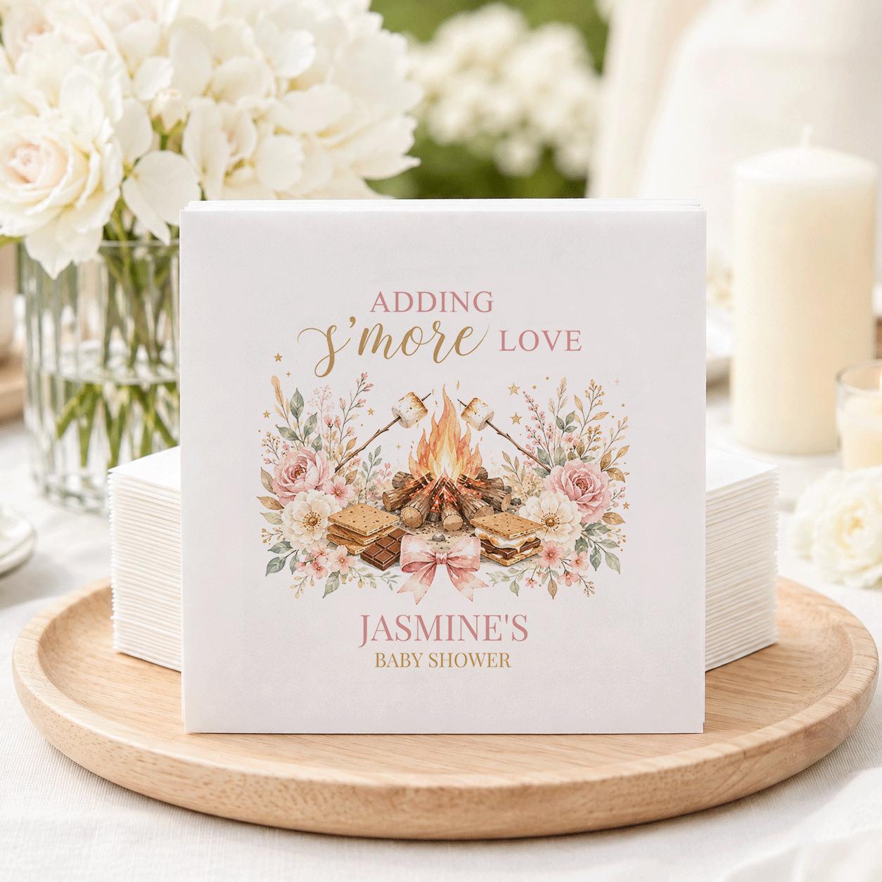 Adding S'more Love Baby Shower Napkins, Pink Campfire - Pretty Gifted