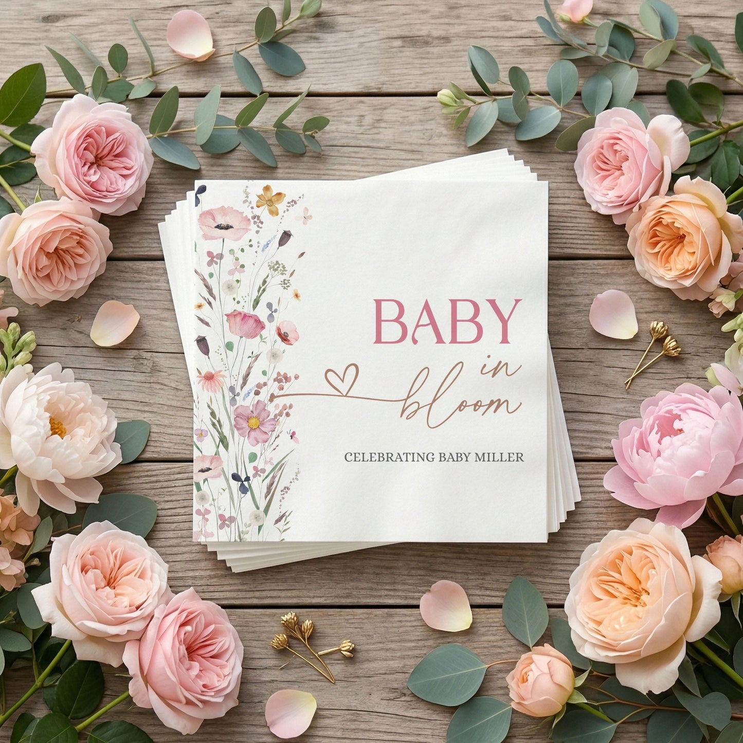 Baby in Bloom Napkins, Pink Wildflower Girl Baby Shower - Pretty Gifted