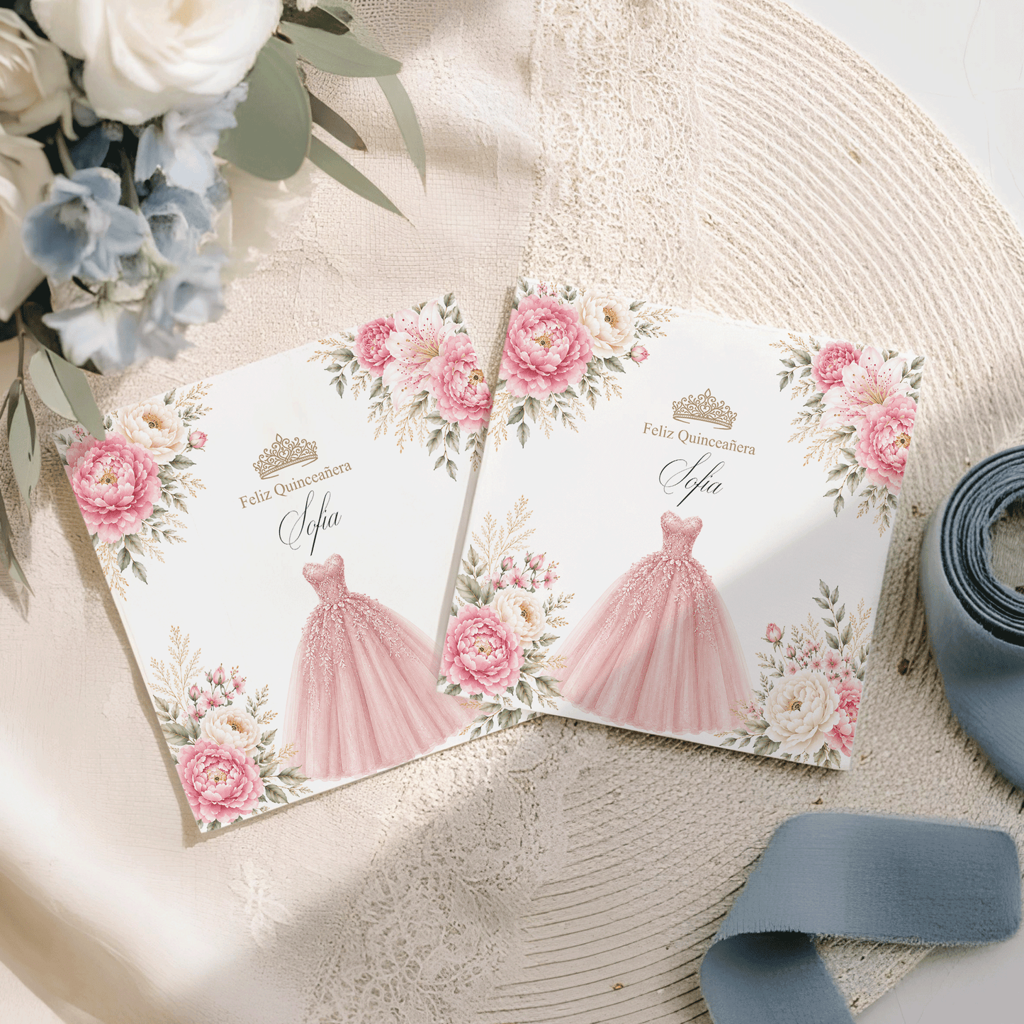 Blush Pink Quinceañera Napkins with Floral Ball Gown - Pretty Gifted