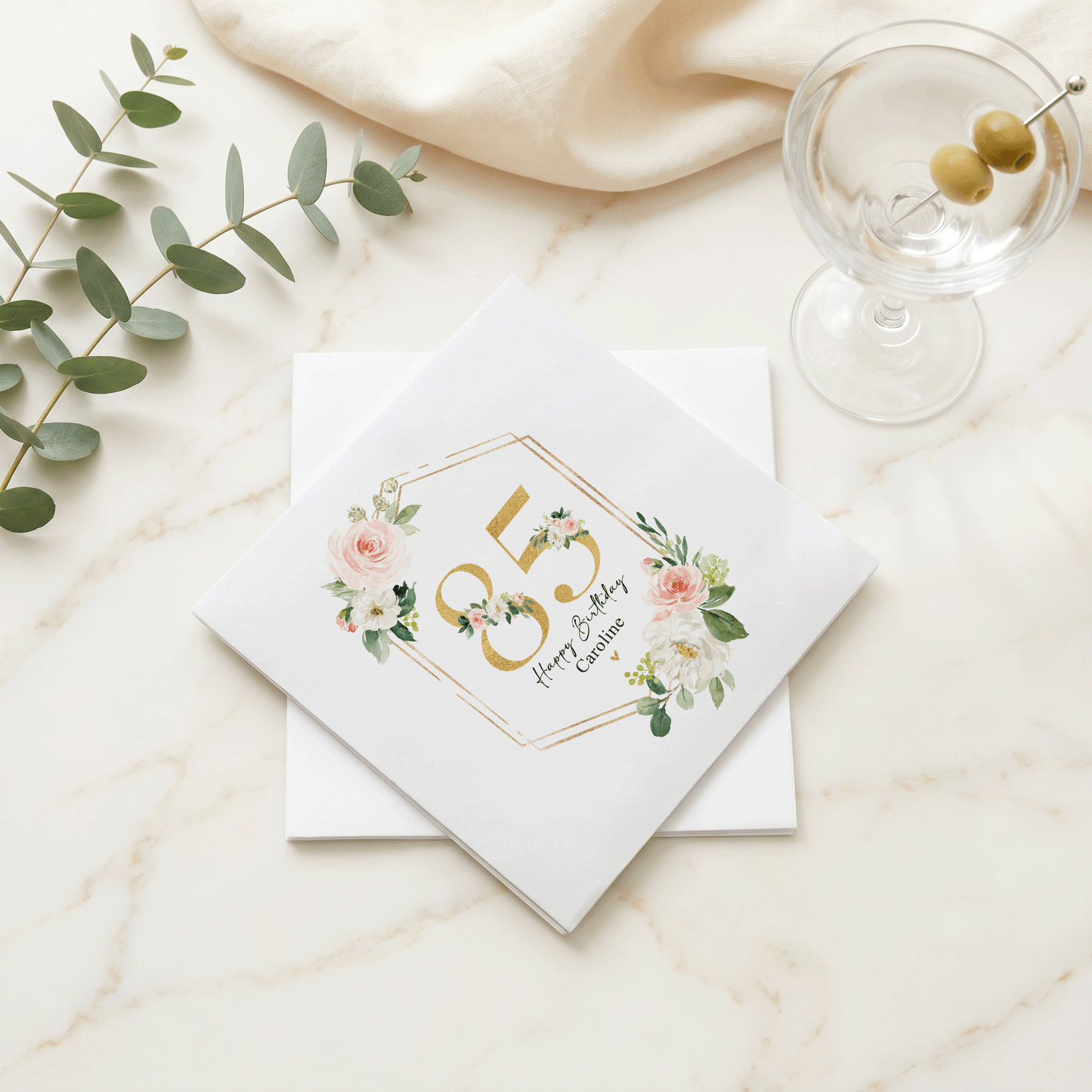 Blush Rose 85th Birthday Napkins, Gold Frame, Personalized - Pretty Gifted