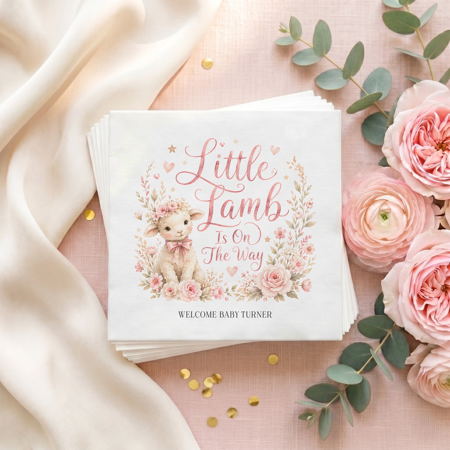 "Little Lamb Is On The Way" baby shower napkins with floral accents.