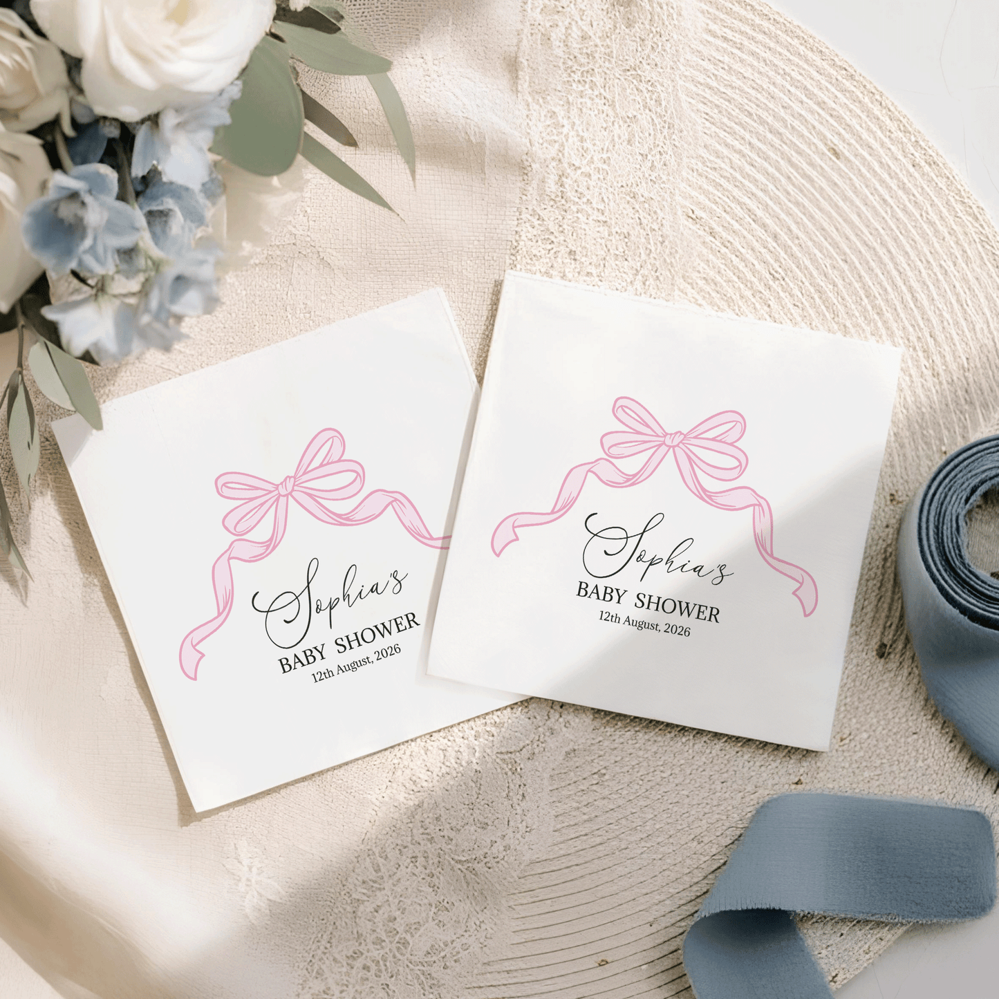 Coquette Bow Baby Shower Napkins, Personalized Pink - Pretty Gifted