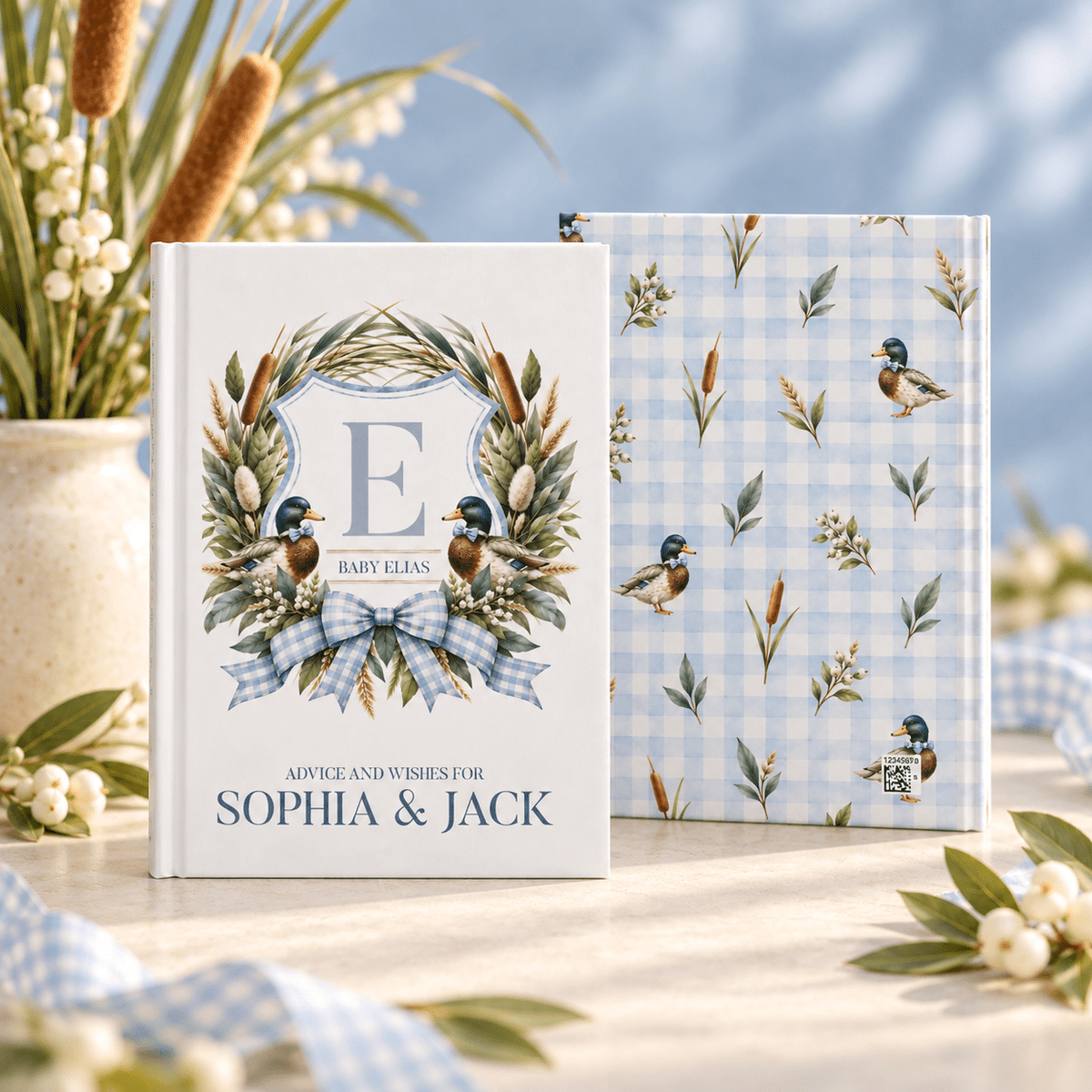 Duck Baby Shower Guest Book, Blue Gingham and Monogram - Pretty Gifted