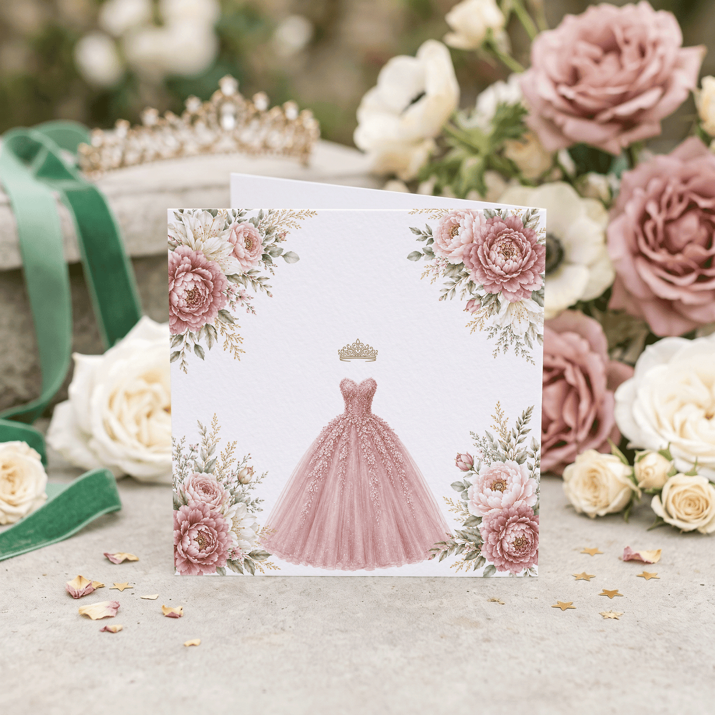 Dusty Rose Floral Ball Gown Quinceañera Card - Pretty Gifted