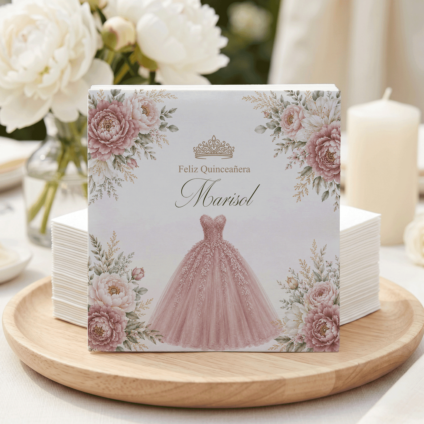 Dusty Rose Floral Quinceañera Napkins with Ball Gown - Pretty Gifted
