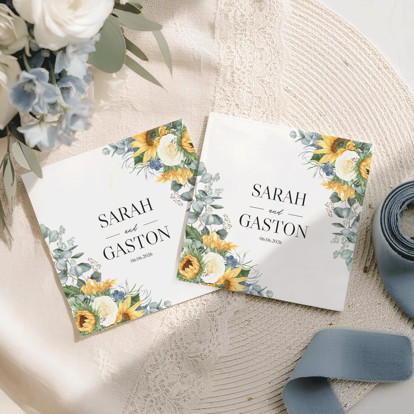 Two wedding invitations with floral borders: "SARAH and GASTON 06.06.2026".