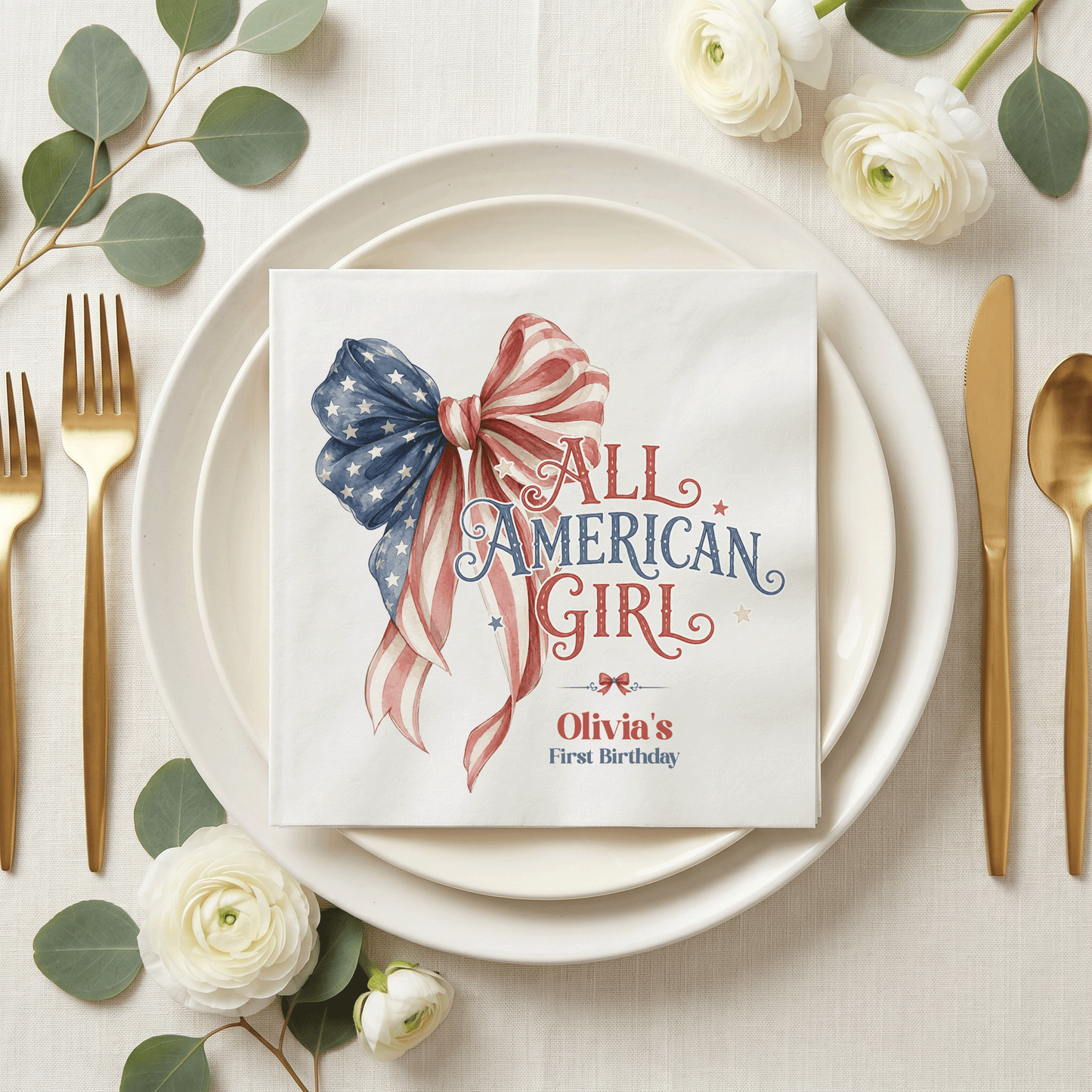 Fourth of July Girl First Birthday Napkins, Patriotic Bow - Pretty Gifted