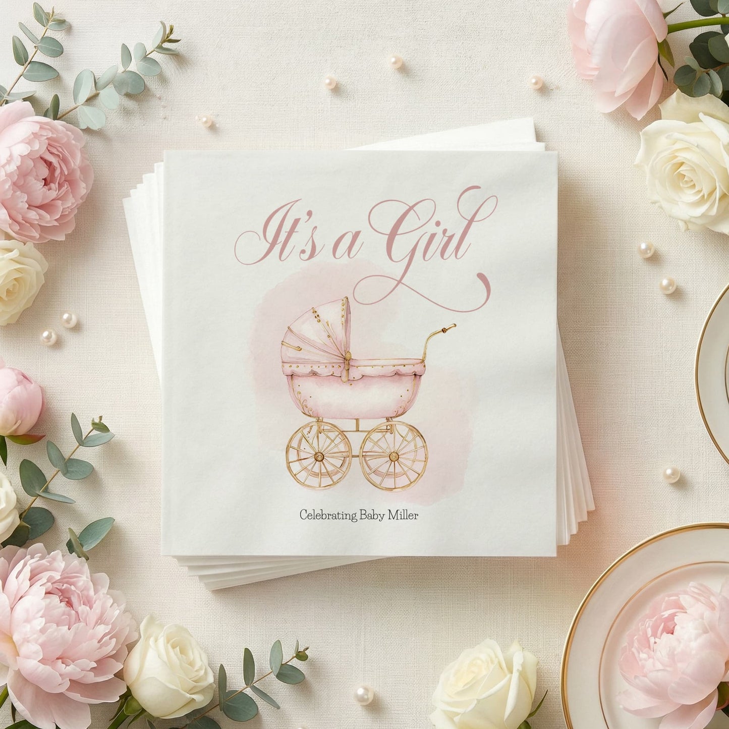 It's a Girl Napkins, Pink Carriage Girl Baby Shower - Pretty Gifted