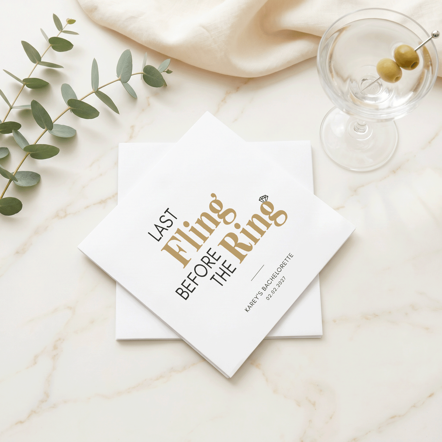 Last Fling Before the Ring Napkins – Black and Gold Bachelorette Napkins - Pretty Gifted