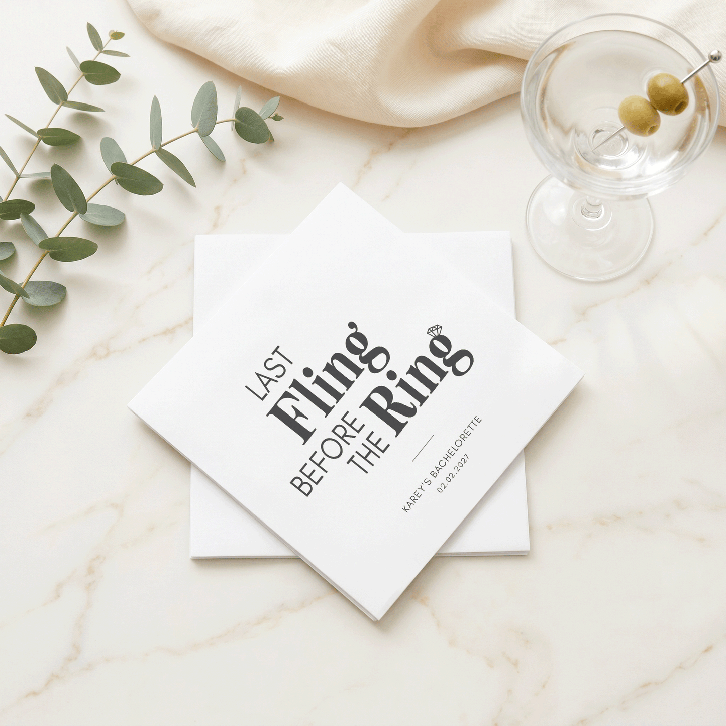 Last Fling Before the Ring Napkins – Black Minimalist Bachelorette Napkins - Pretty Gifted