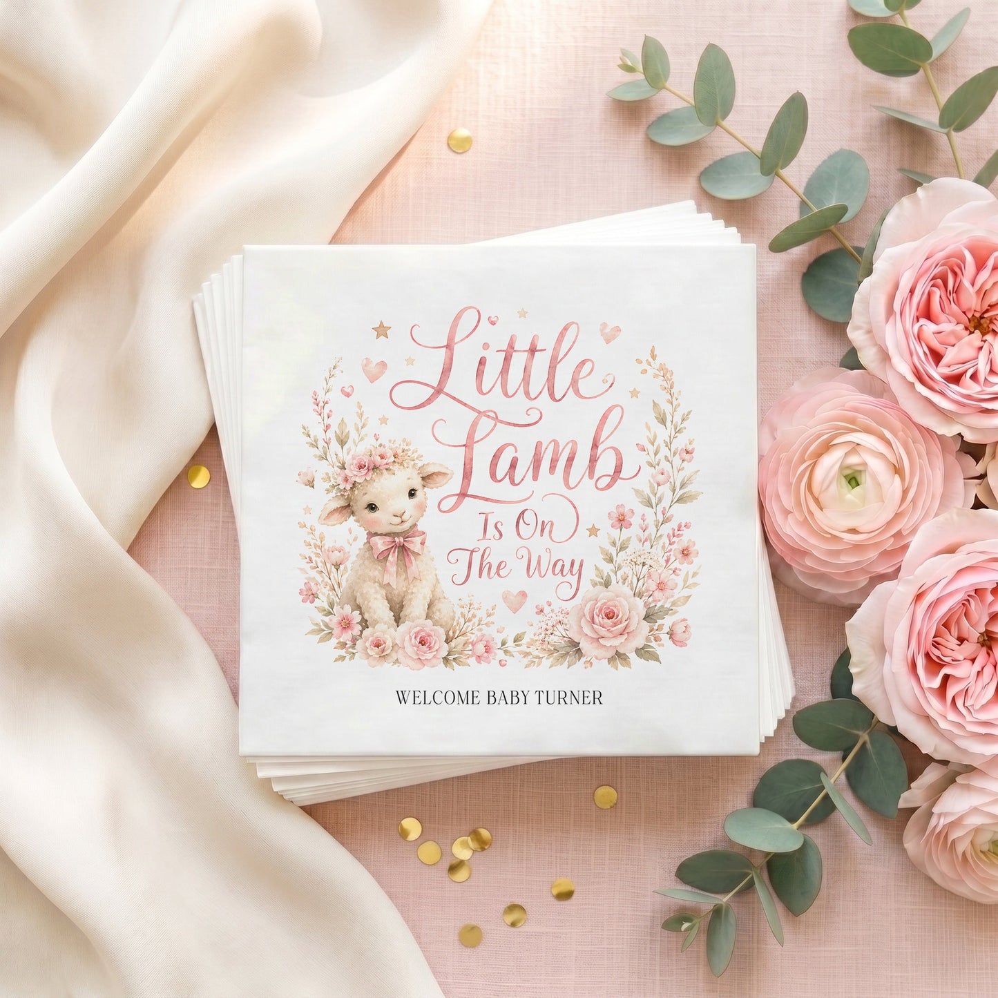 Little Lamb Girl Baby Shower Napkins, Personalized - Pretty Gifted