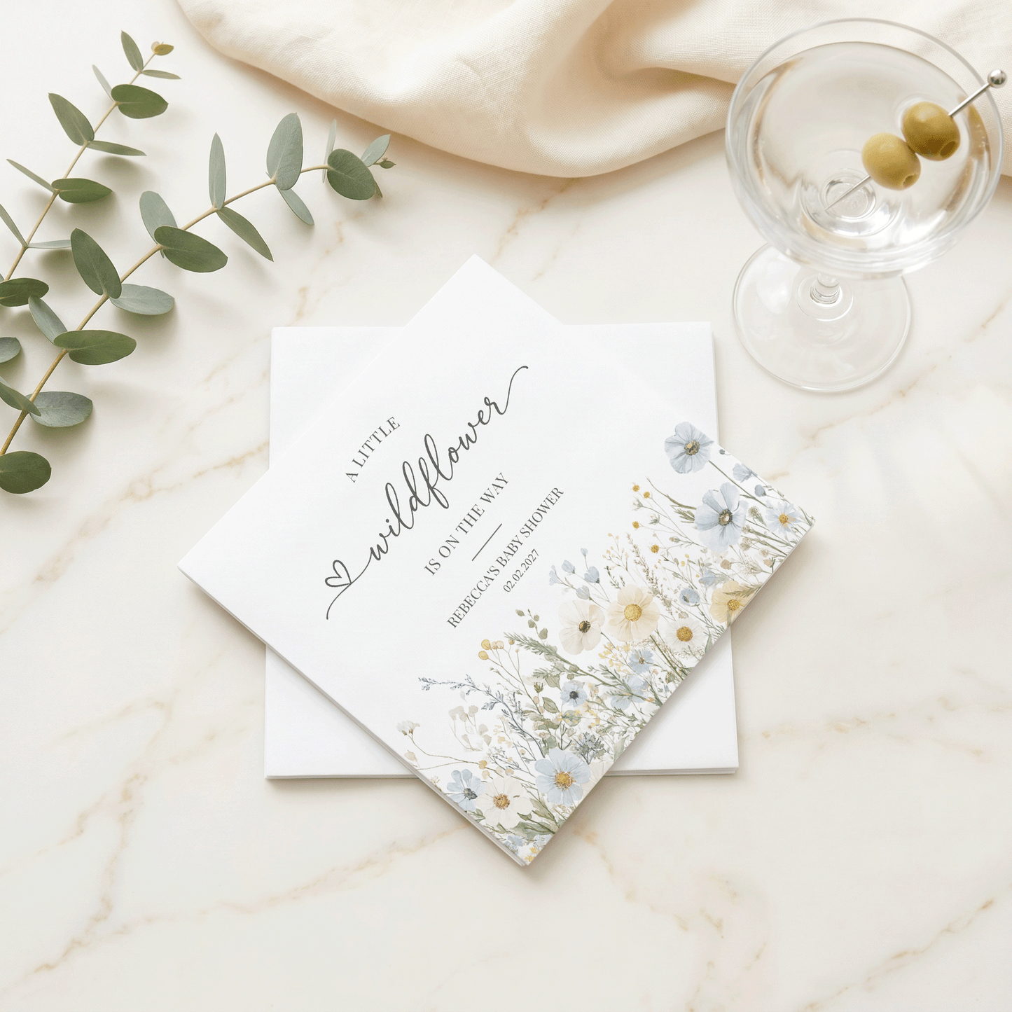 Little Wildflower Boy Baby Shower Napkins Personalized Name Date Blue - Pretty Gifted