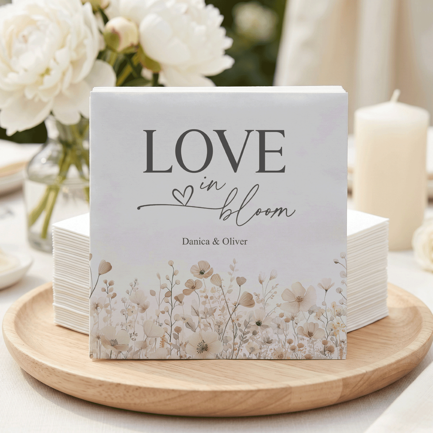 Neutral Boho Wedding Napkins, Love in Bloom, Personalized - Pretty Gifted