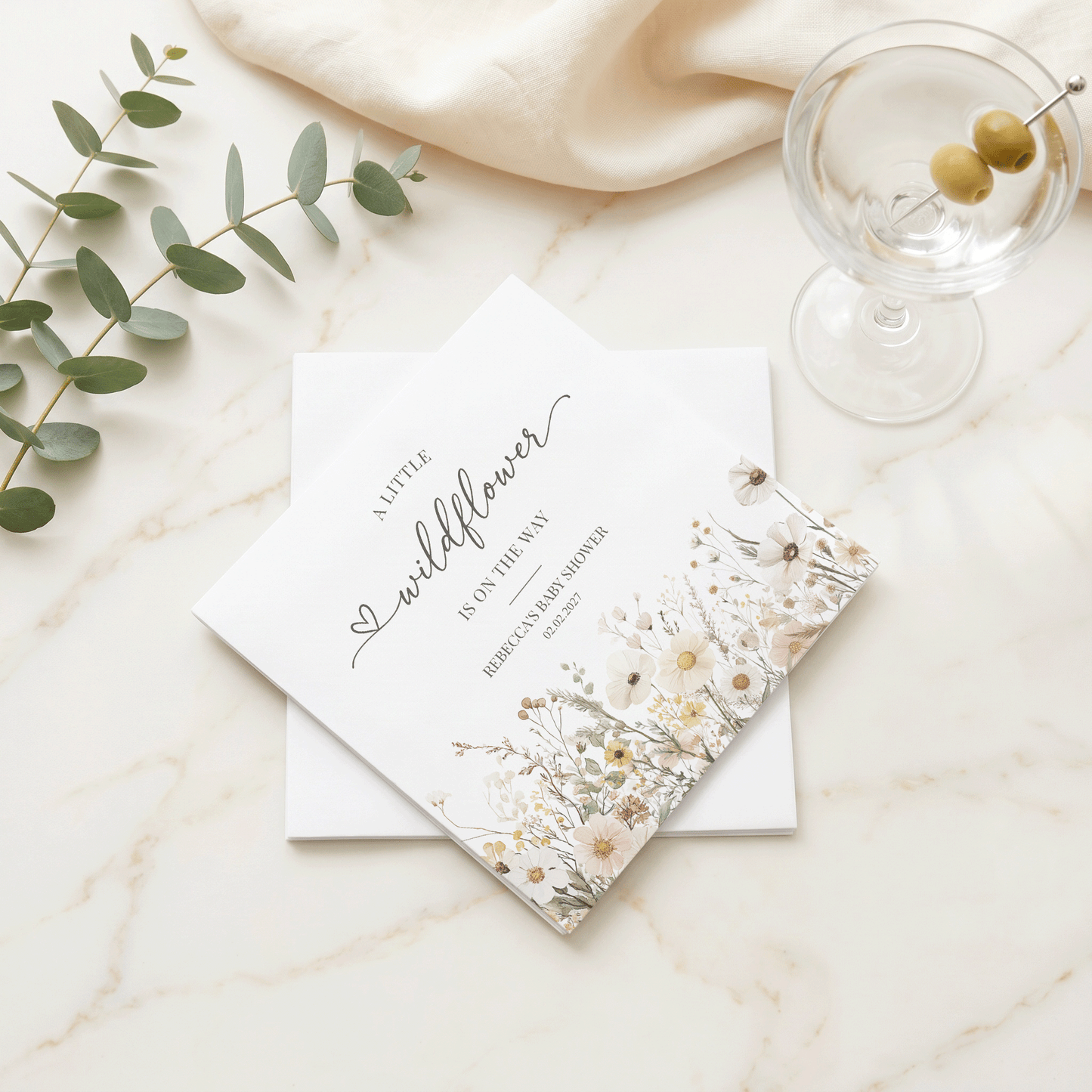 Neutral Wildflower Baby Shower Napkins – Beige Boho Floral Cocktail Napkins - Pretty Gifted