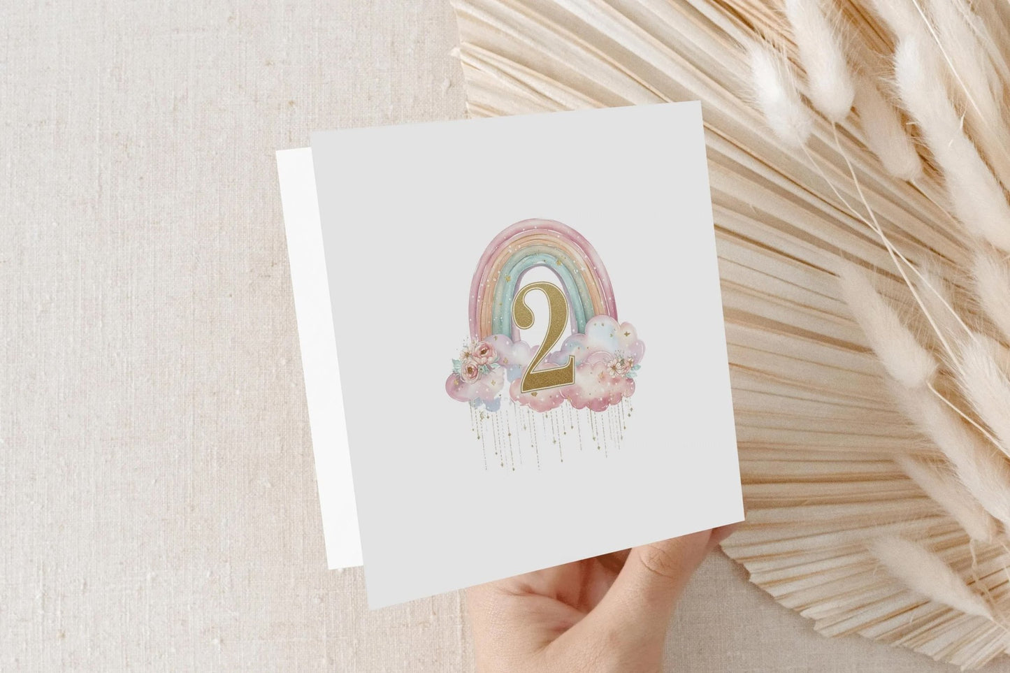 Personalized 2nd Birthday Card, Pastel Rainbow Cloud Girls Gift - Pretty Gifted