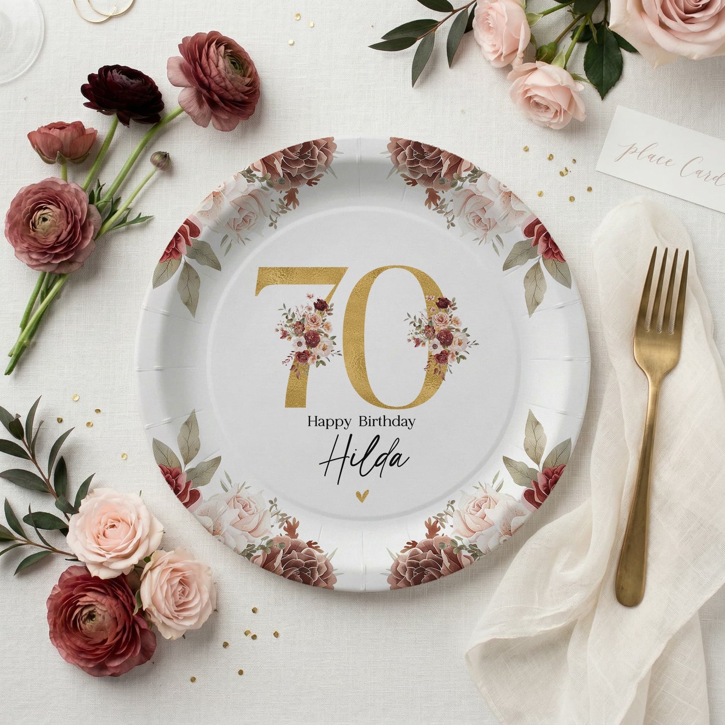 Personalized 70th Birthday Plates, Dusty Rose Gold Floral Party - Pretty Gifted