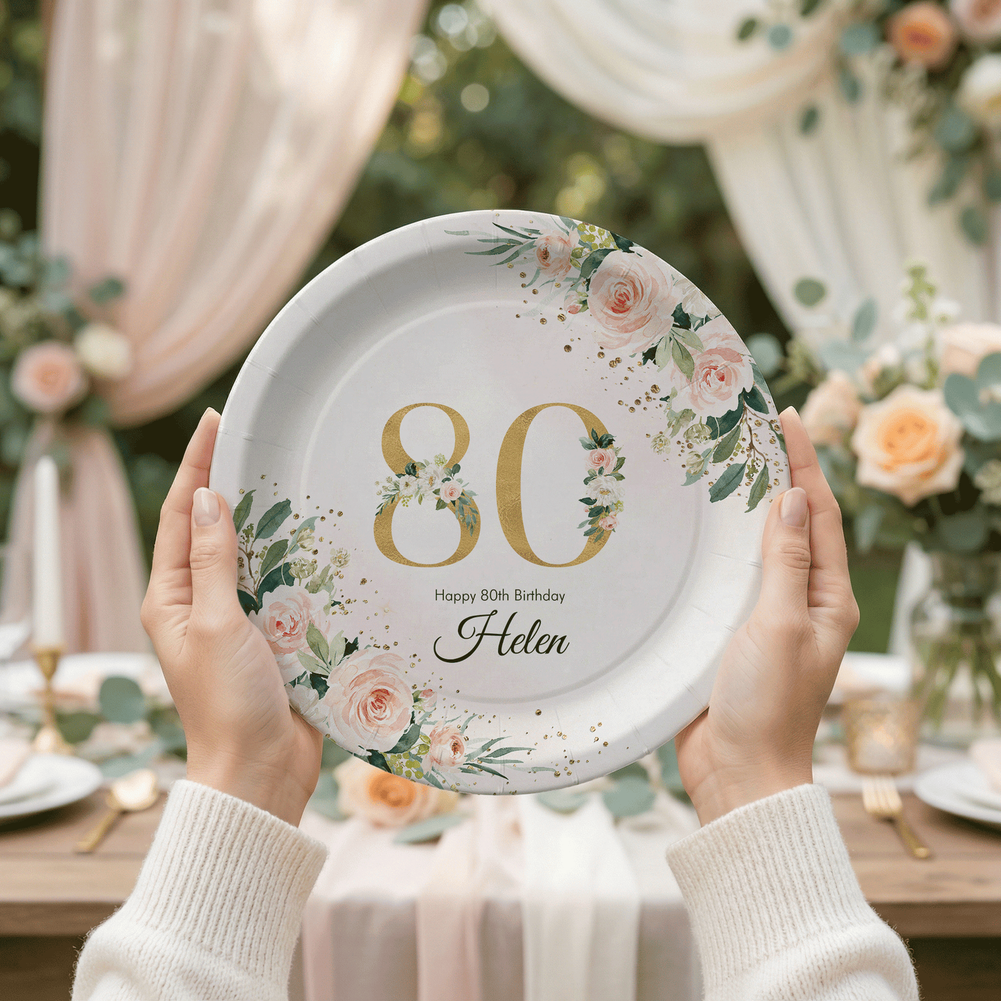 Personalized 80th Birthday Plates, Blush Floral Gold Party - Pretty Gifted