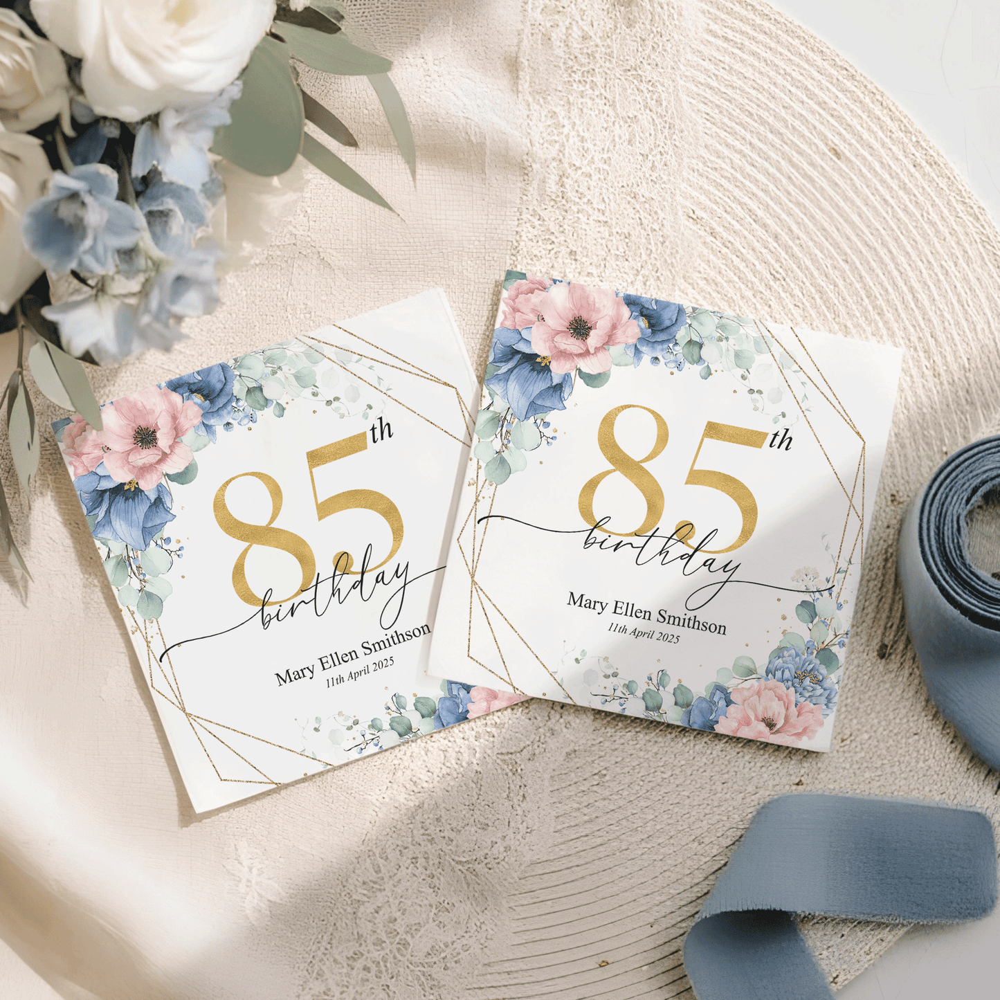 Personalized 85th Birthday Napkins with Blue Floral Gold Frame - Pretty Gifted