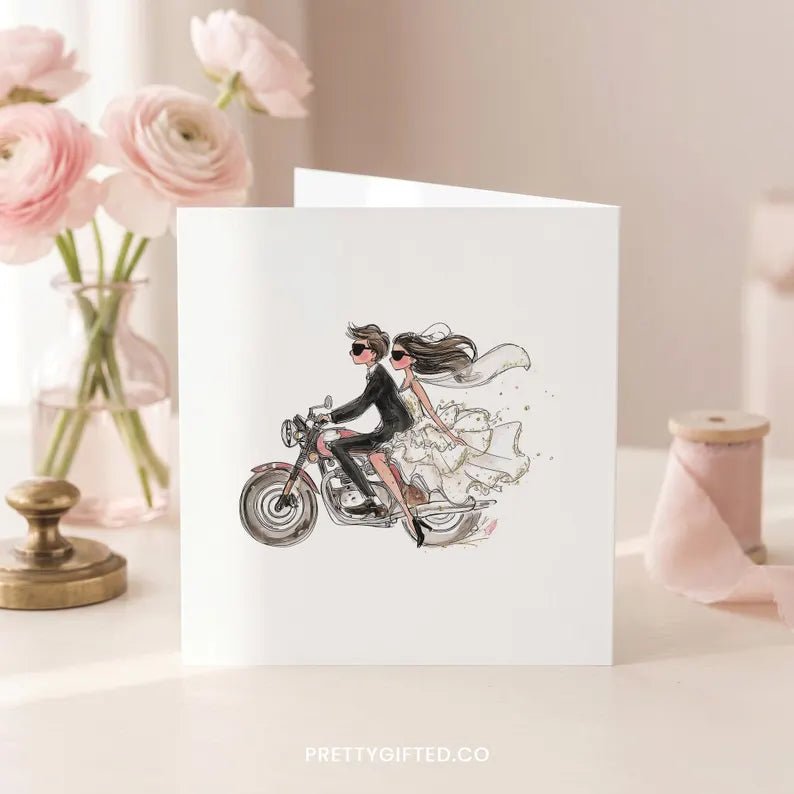 Personalized Motorcycle Wedding Card – Biker Bride and Groom Congratulations Card - Pretty Gifted