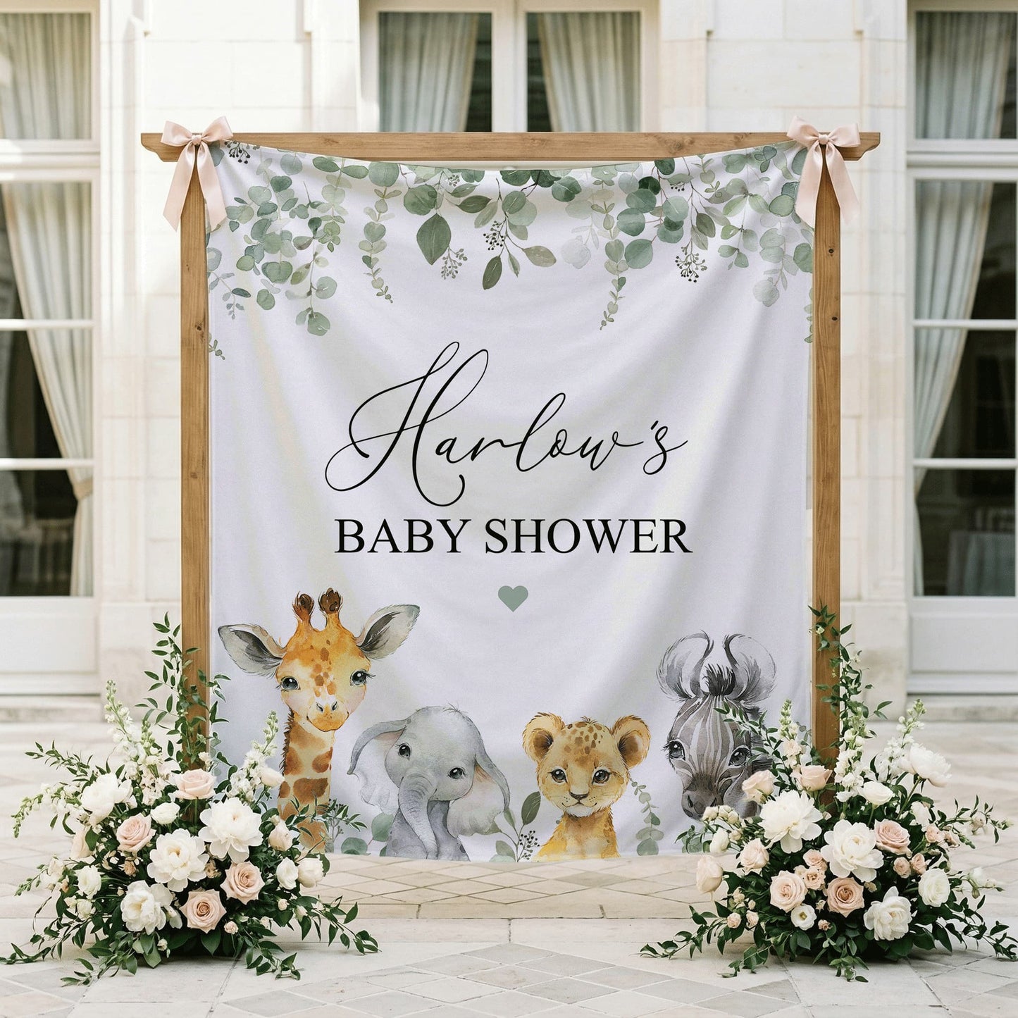 Personalized Safari Baby Shower Tapestry — Custom Name Jungle Animal Backdrop - Pretty Gifted
