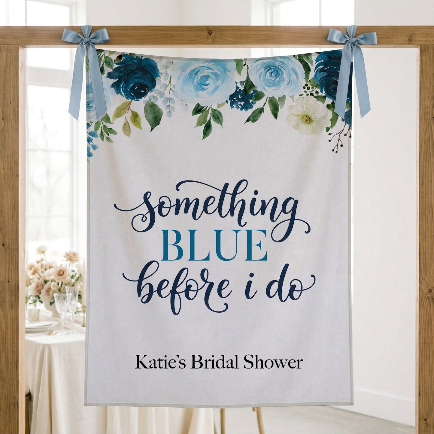 Personalized Something Blue Bridal Shower Backdrop, Navy Floral Banner - Pretty Gifted