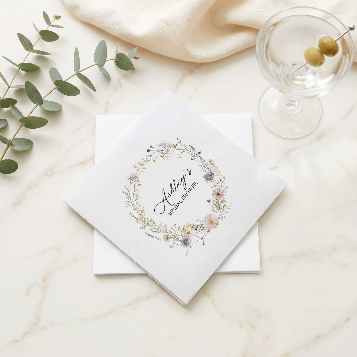 Personalized Wildflower Floral Wreath Bridal Shower Napkins - Pretty Gifted