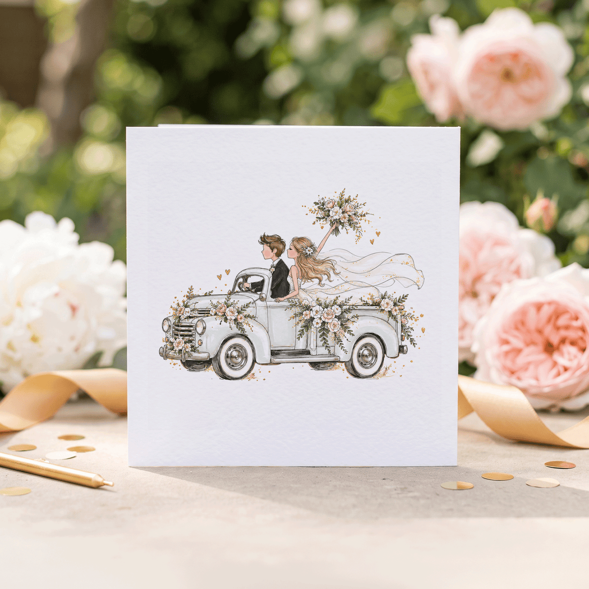 Pickup Truck Wedding Card with Names, Vintage Blush Floral Design - Pretty Gifted