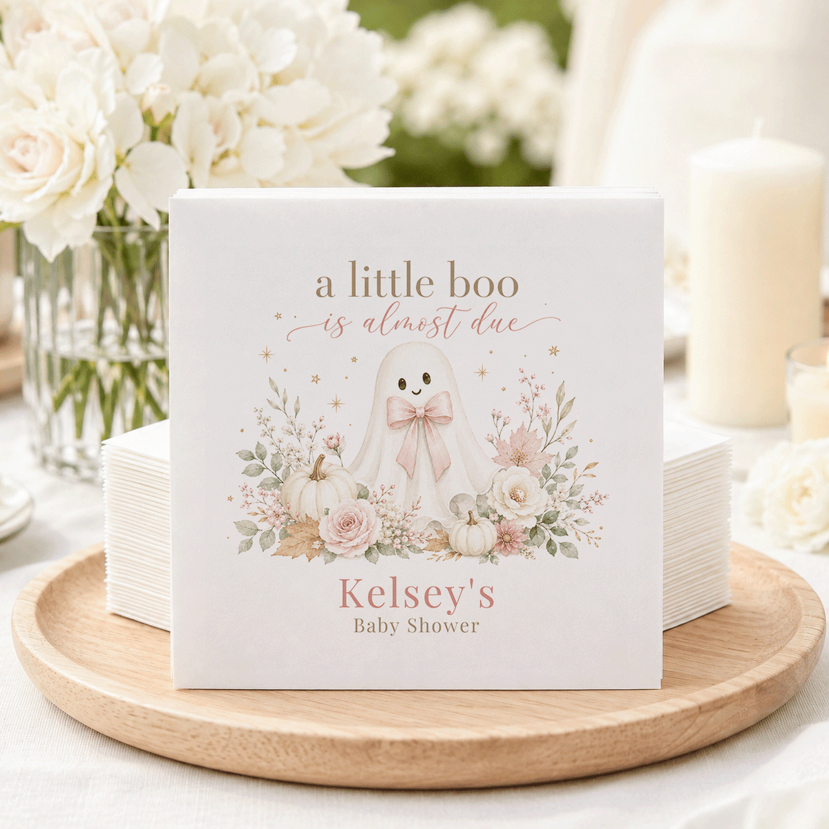 Pink Ghost Halloween Baby Shower Napkins, Blush Floral - Pretty Gifted