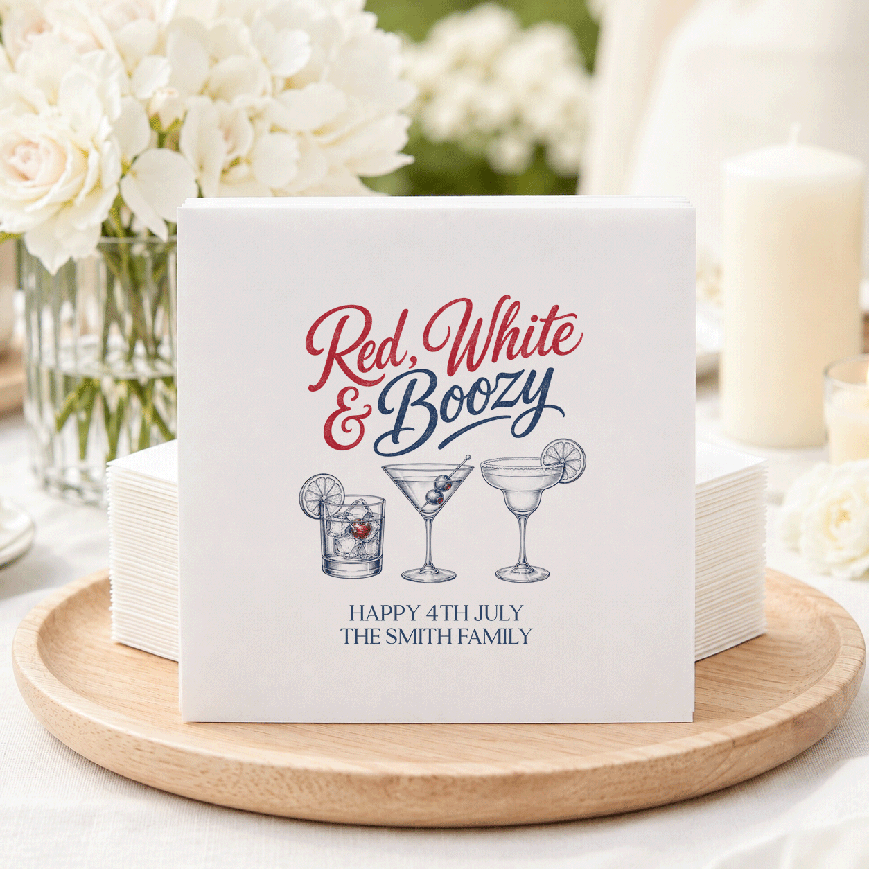 Red, White and Boozy Napkins, Personalized 4th of July - Pretty Gifted