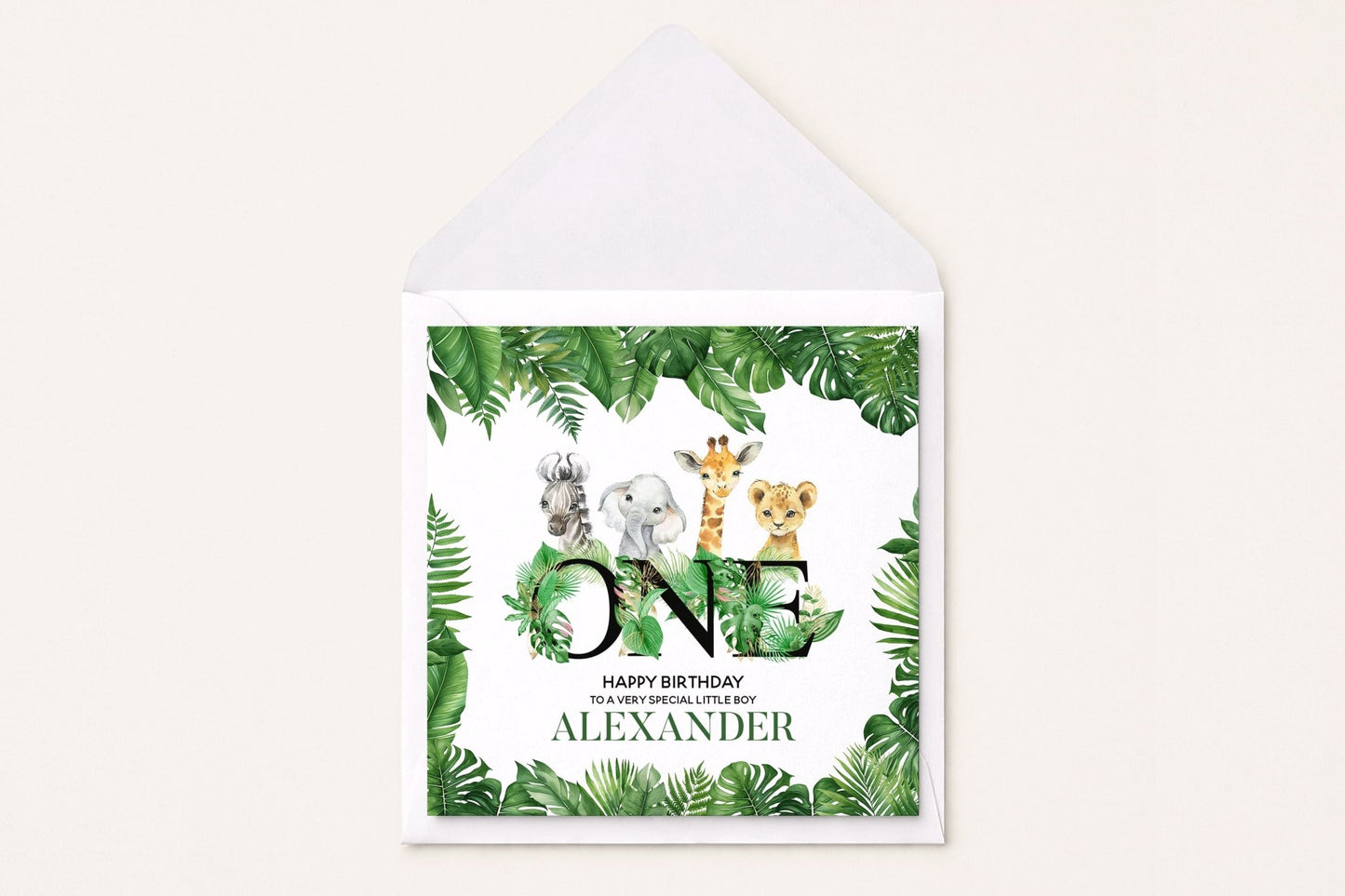 Safari 1st Birthday Card Personalized, Jungle Animals Boy Gift - Pretty Gifted