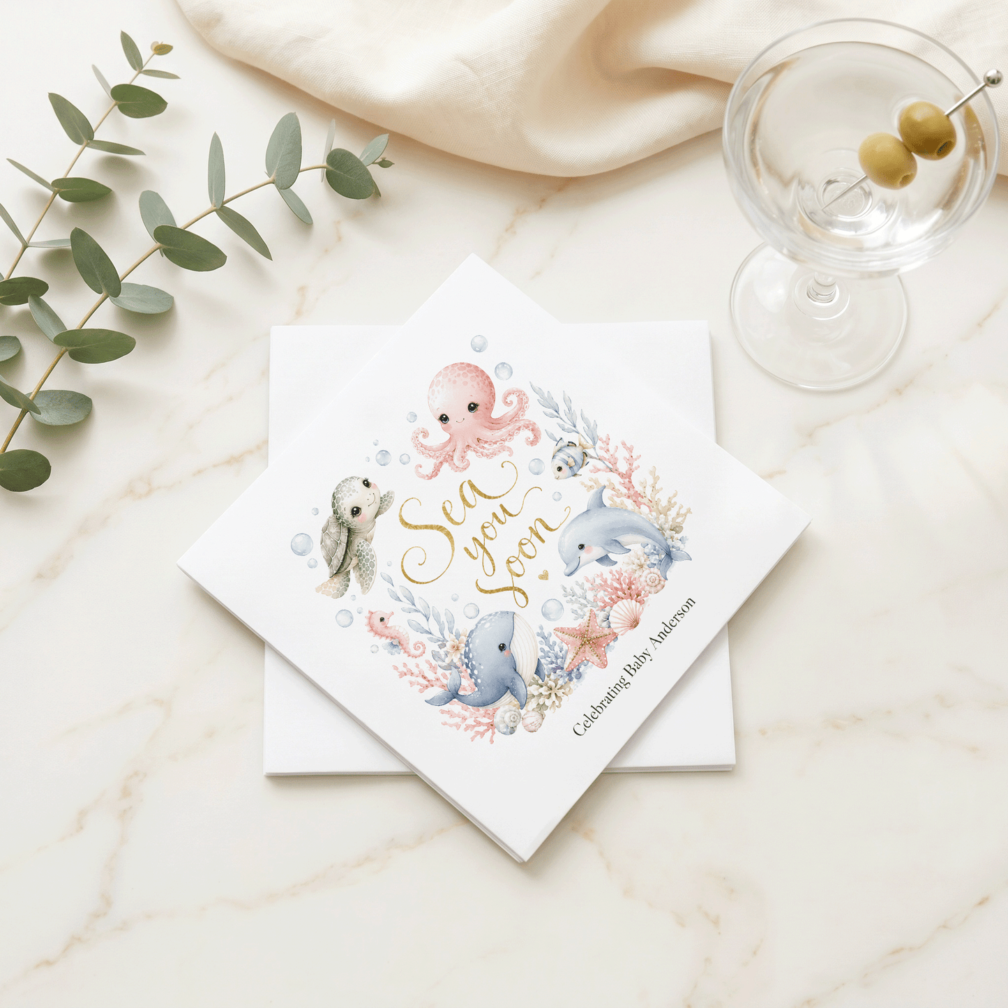 Sea You Soon Baby Shower Napkins, Personalized Ocean Theme - Pretty Gifted