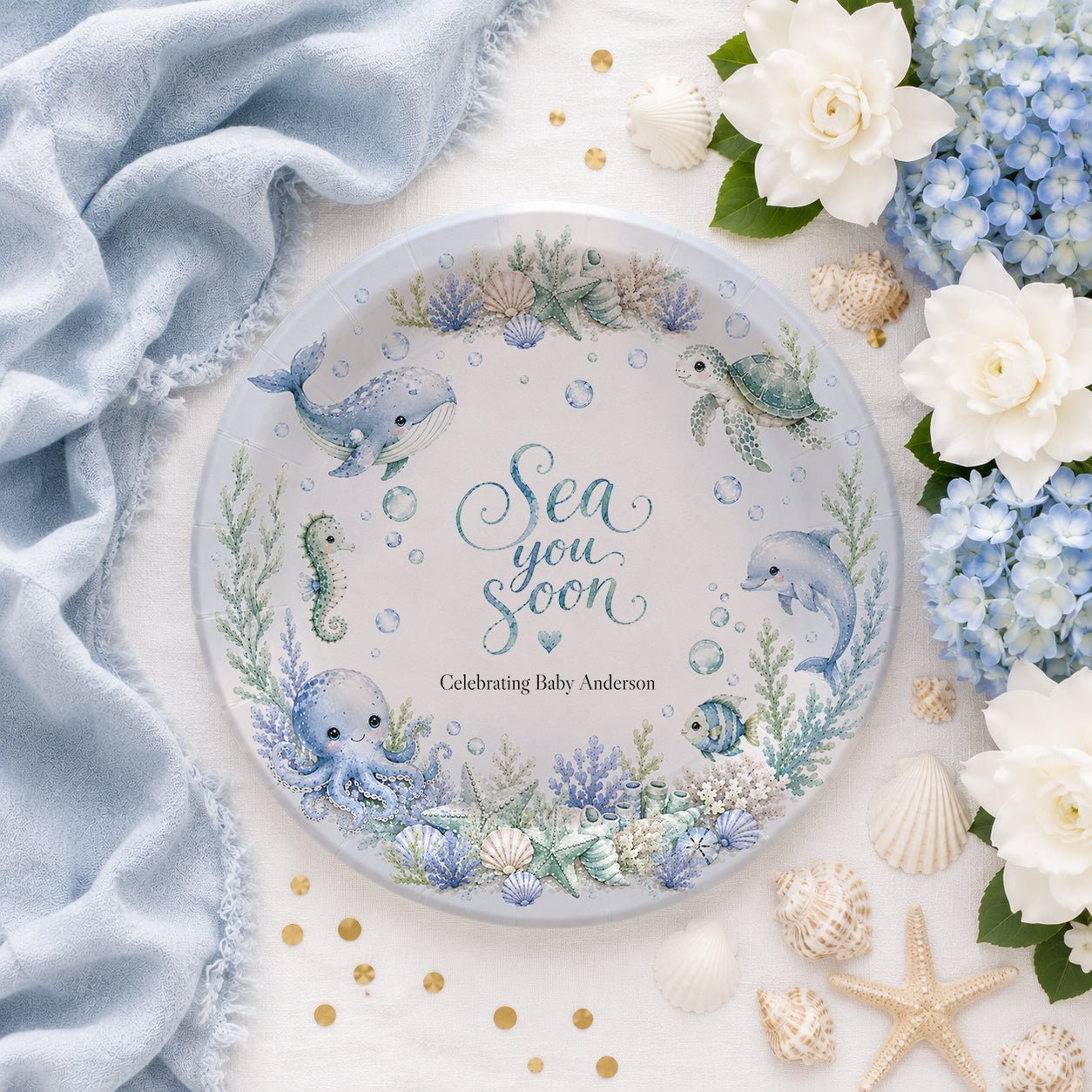 Sea You Soon Baby Shower Plates, Under the Sea, Personalized - Pretty Gifted
