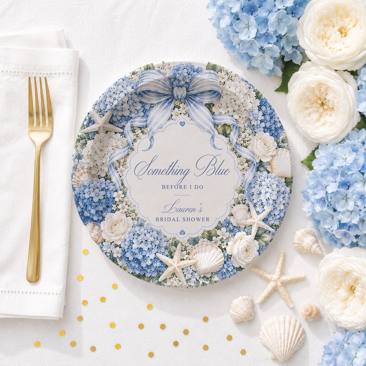 Something Blue Before I Do Bridal Shower Plates, Personalized Coastal Hydrangea - Pretty Gifted