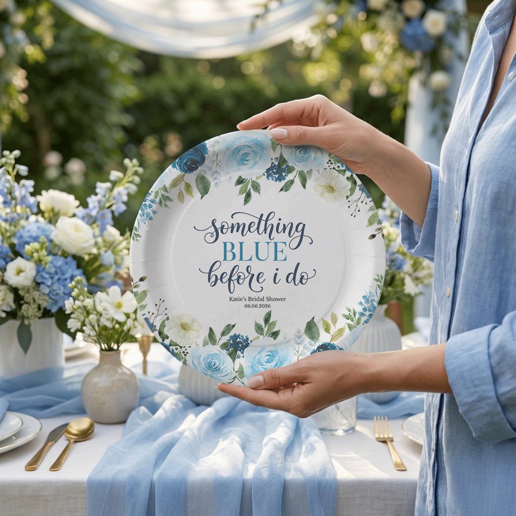 Something Blue Bridal Shower Plates, Personalized Floral Party - Pretty Gifted