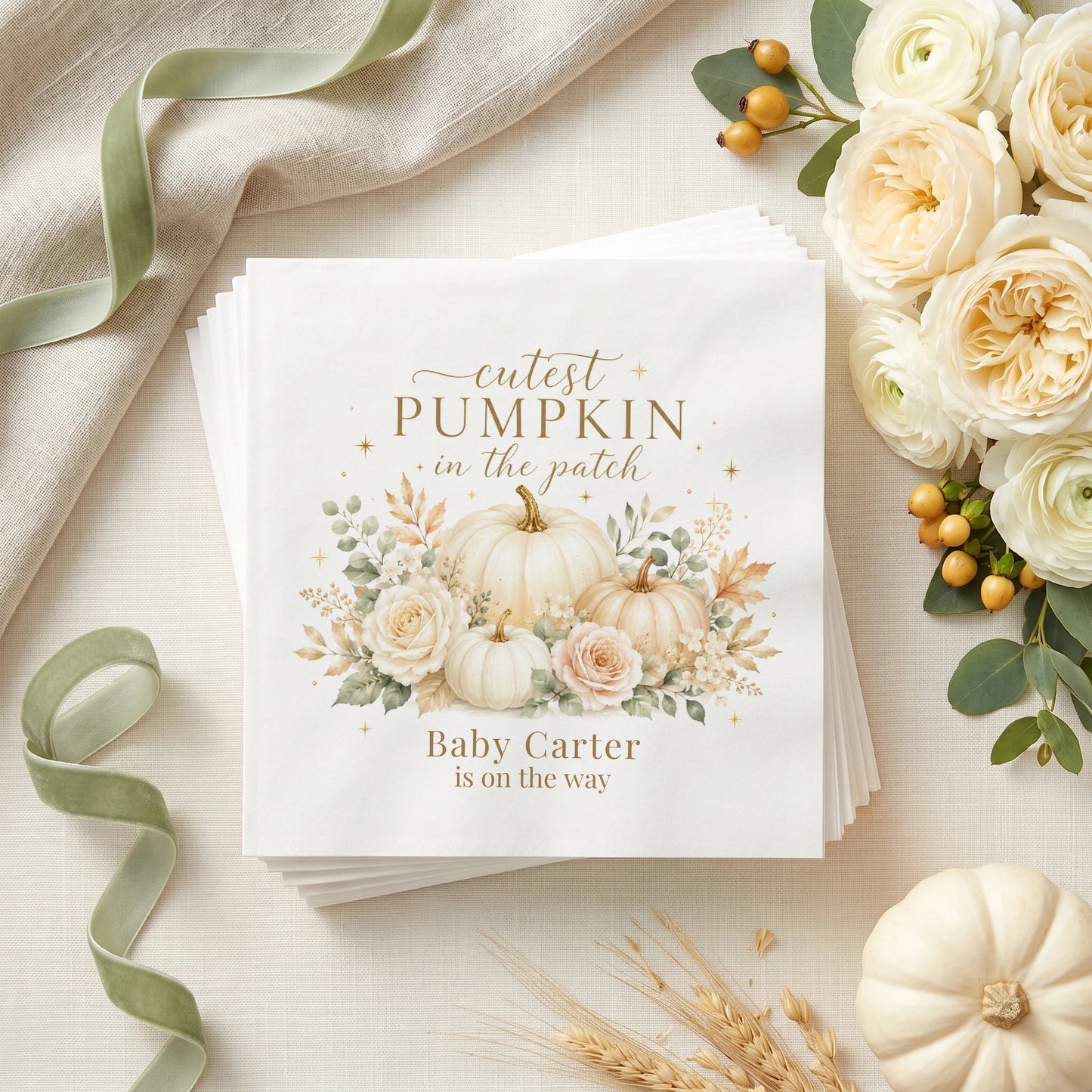 Cream and gold baby shower napkin with white pumpkins, ivory roses, autumn leaves and personalized wording
