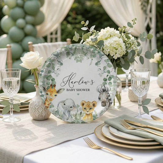 Personalized Safari Baby Shower Plates, Jungle Animals and Eucalyptus Greenery
