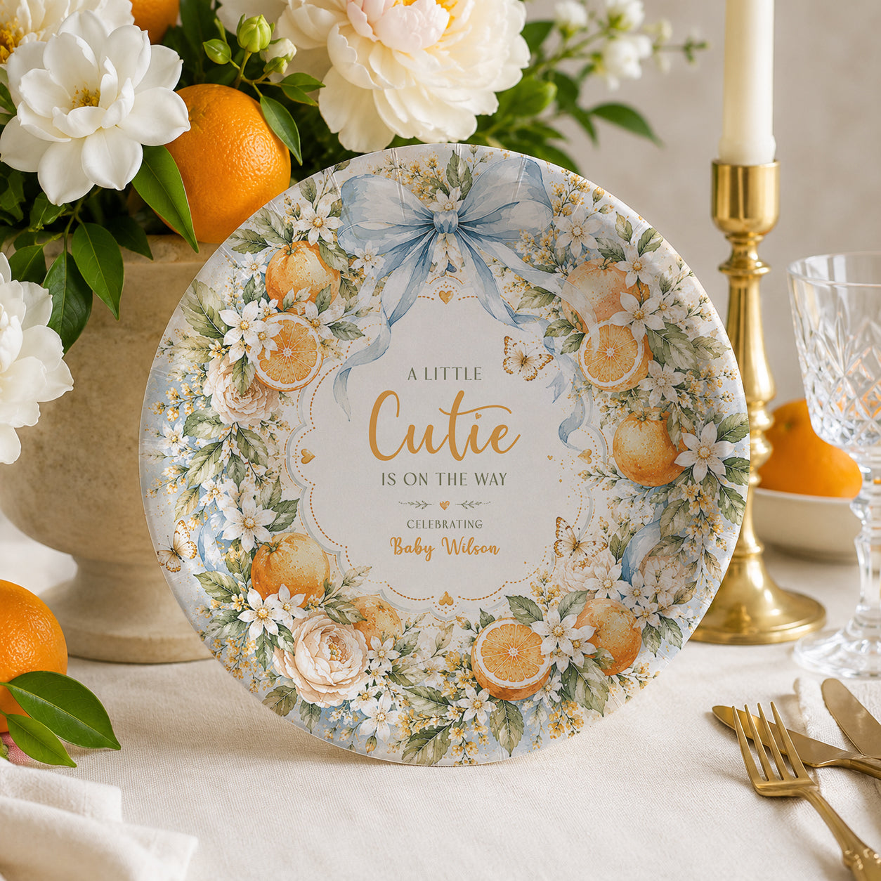 Little Cutie Baby Shower Plates, Citrus Wreath, Personalized