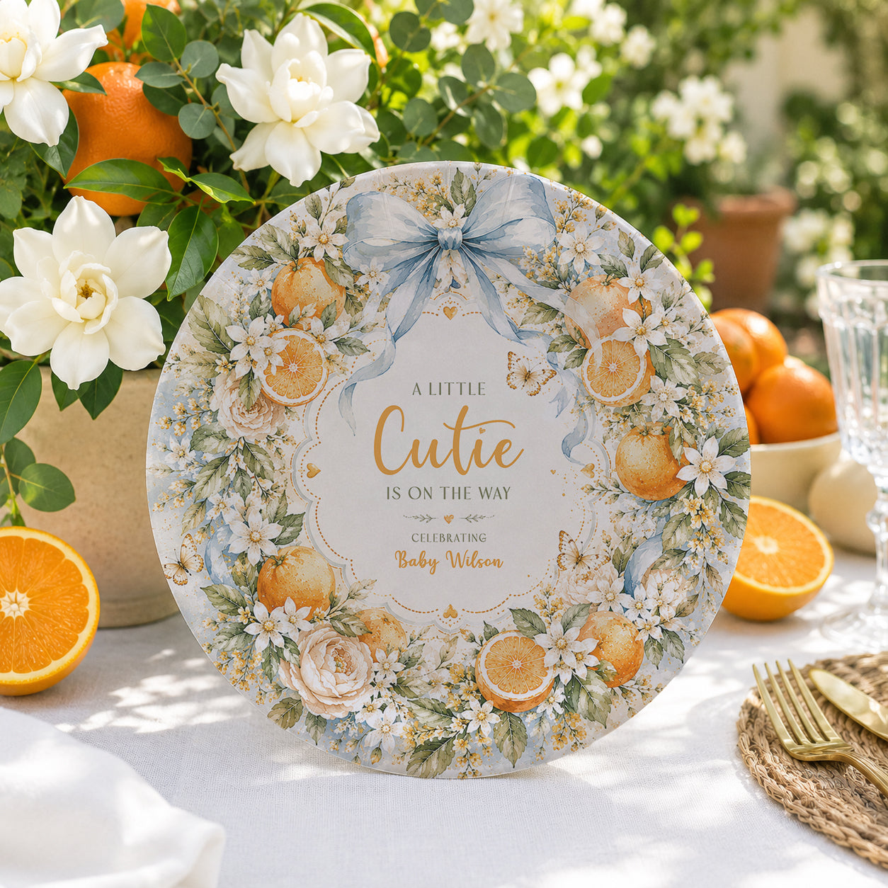 Little Cutie Baby Shower Plates, Citrus Wreath, Personalized
