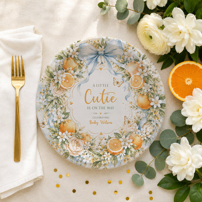 Little Cutie Baby Shower Plates, Citrus Wreath, Personalized